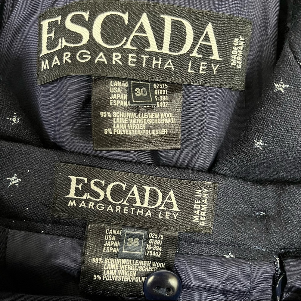Escada navy blue double breasted wool skirt suit metallic silver star print - Picture 13 of 14